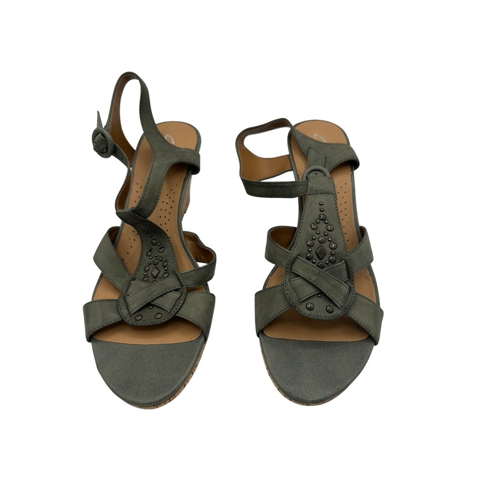Clarks Women's 9.5 M Olive Green Suede Wedge Sandals Ankle Strap Casual Shoes